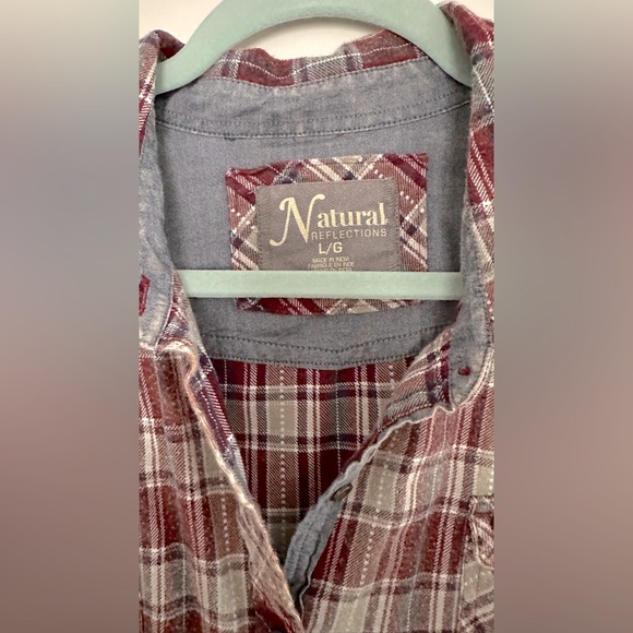 🍁Natural Reflections Sz Large Brown/Tan/Rust Flannel Shirt w/ Denim accents EUC - Picture 3 of 6
